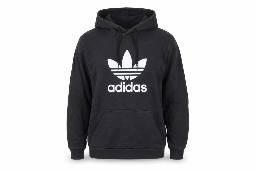 Front view of Adidas men’s black pullover hoodie l logo fleece sportswear