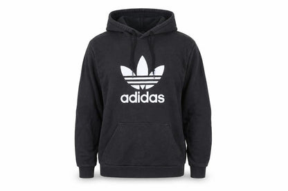 Front view of Adidas men’s black pullover hoodie l logo fleece sportswear