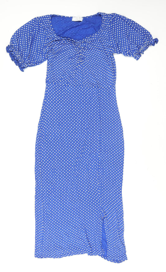 Quiz Women Blue Polka Dot Midi Bodycon Dress Size 14