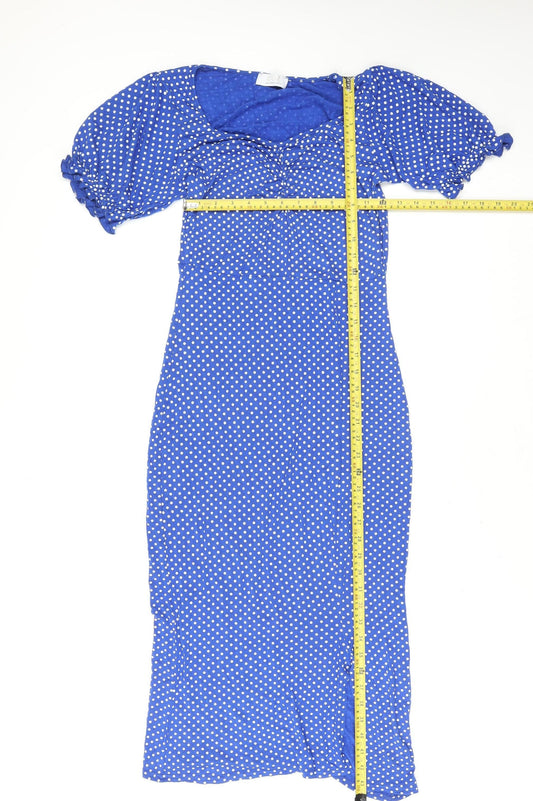 Quiz Women Blue Polka Dot Midi Bodycon Dress Size 14
