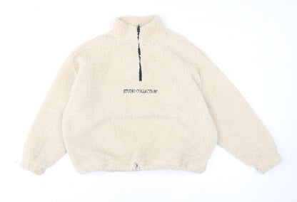 Boohoo Women Beige XS 1/4 Zip Fleece Pullover Sweatshirt