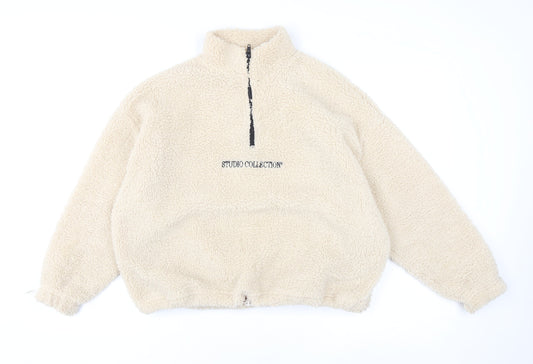 Boohoo Women Beige XS 1/4 Zip Fleece Pullover Sweatshirt