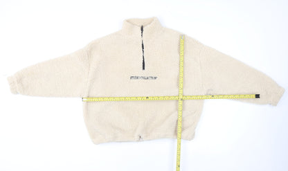 Boohoo Women Beige XS 1/4 Zip Fleece Pullover Sweatshirt