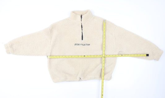 Boohoo Women Beige XS 1/4 Zip Fleece Pullover Sweatshirt