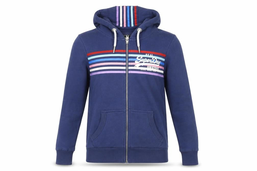 Front view of Superdry unisex blue full zip hoodie uk 10 classic stripe logo design