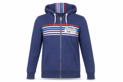 Front view of Superdry unisex blue full zip hoodie uk 10 classic stripe logo design