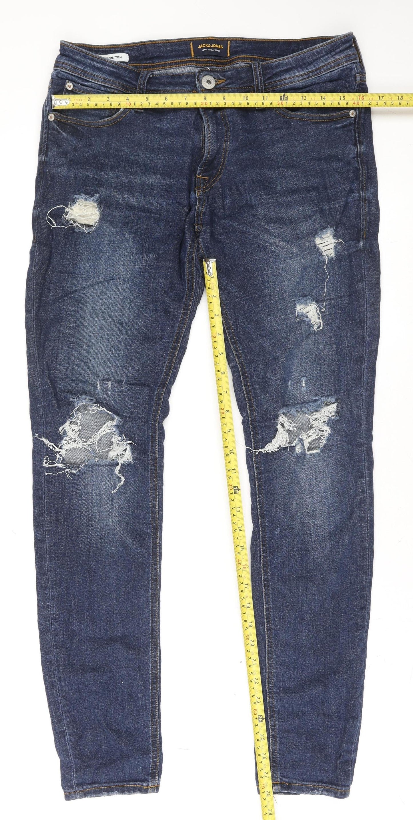 Jack & Jones Men Blue Slim Spray On Tom Skinny Distressed Jeans 32W 32L