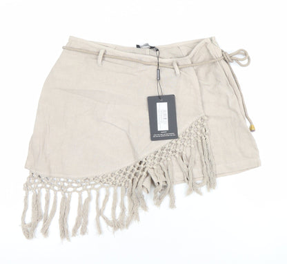 PrettyLittleThing Women Beige Linen Blend Wrap Fringe Shorts UK 12