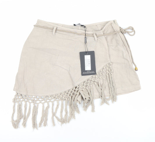 PrettyLittleThing Women Beige Linen Blend Wrap Fringe Shorts UK 12