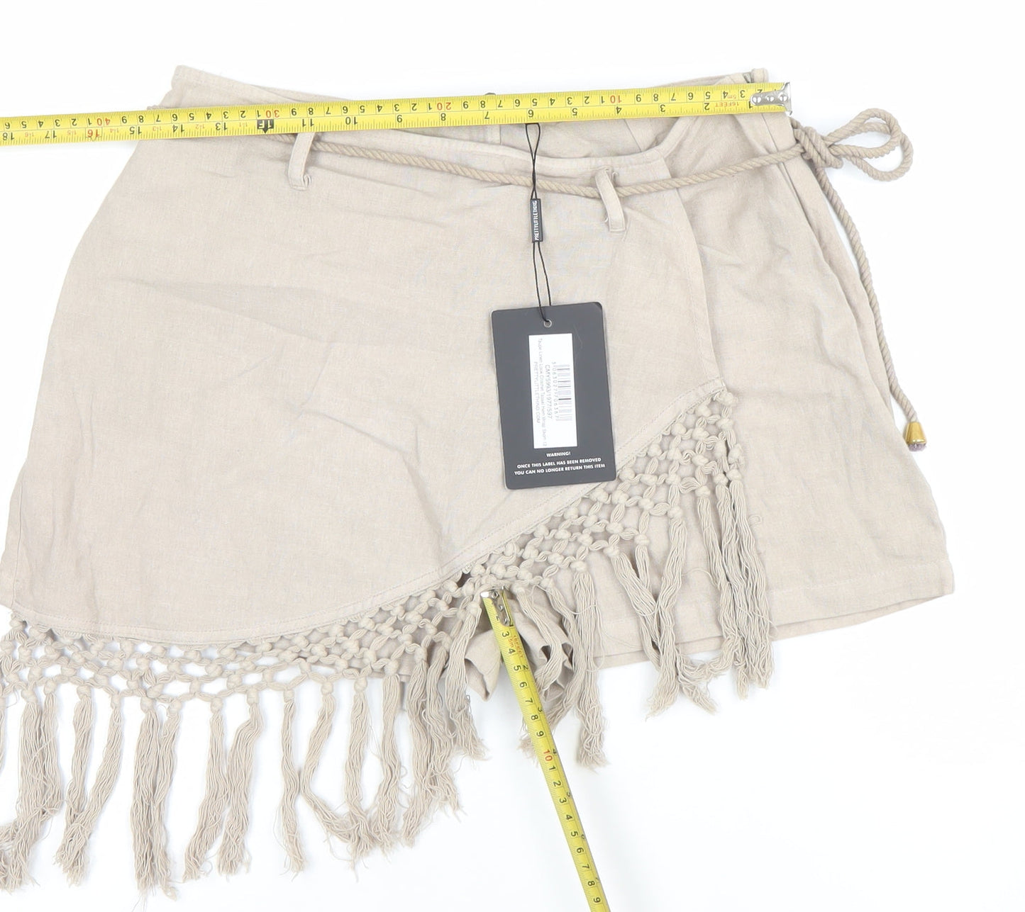PrettyLittleThing Women Beige Linen Blend Wrap Fringe Shorts UK 12
