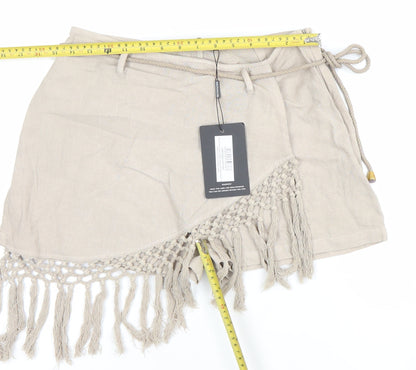 PrettyLittleThing Women Beige Linen Blend Wrap Fringe Shorts UK 12