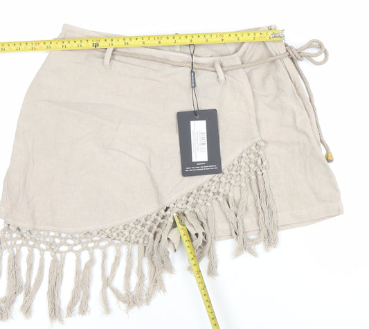 PrettyLittleThing Women Beige Linen Blend Wrap Fringe Shorts UK 12