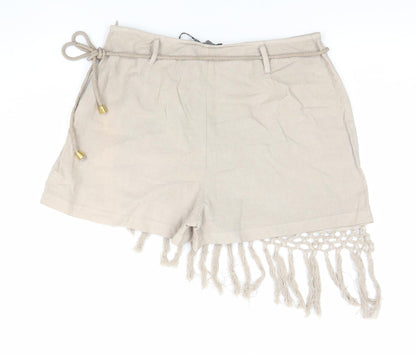 PrettyLittleThing Women Beige Linen Blend Wrap Fringe Shorts UK 12
