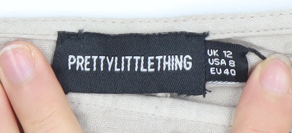 PrettyLittleThing Women Beige Linen Blend Wrap Fringe Shorts UK 12