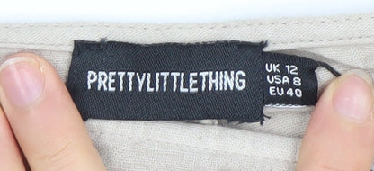 PrettyLittleThing Women Beige Linen Blend Wrap Fringe Shorts UK 12