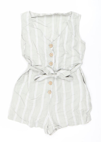 Mango Women Beige Striped Linen Viscose Tie Front Sleeveless Playsuit XS