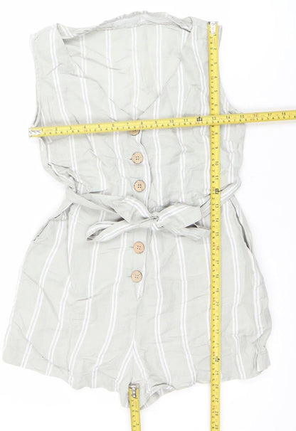 Mango Women Beige Striped Linen Viscose Tie Front Sleeveless Playsuit XS