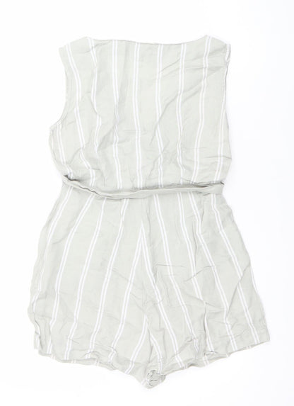 Mango Women Beige Striped Linen Viscose Tie Front Sleeveless Playsuit XS