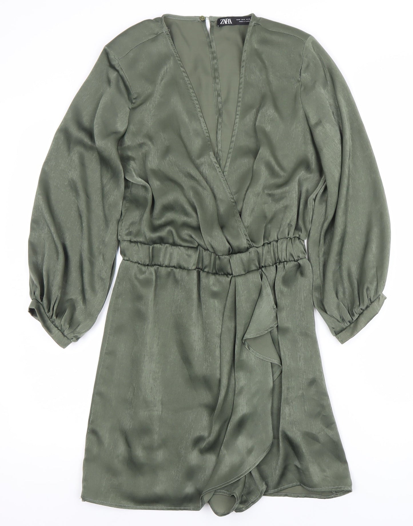 Zara Women Khaki Green Long Sleeve V-Neck Playsuit Size 8 Polyester