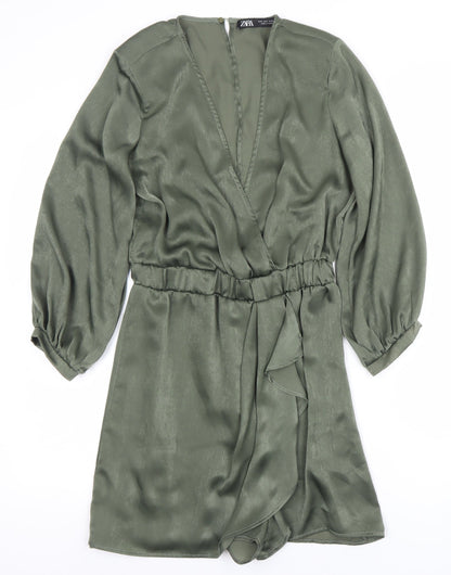 Zara Women Khaki Green Long Sleeve V-Neck Playsuit Size 8 Polyester