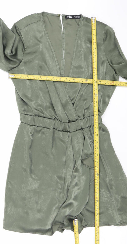 Zara Women Khaki Green Long Sleeve V-Neck Playsuit Size 8 Polyester