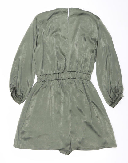 Zara Women Khaki Green Long Sleeve V-Neck Playsuit Size 8 Polyester