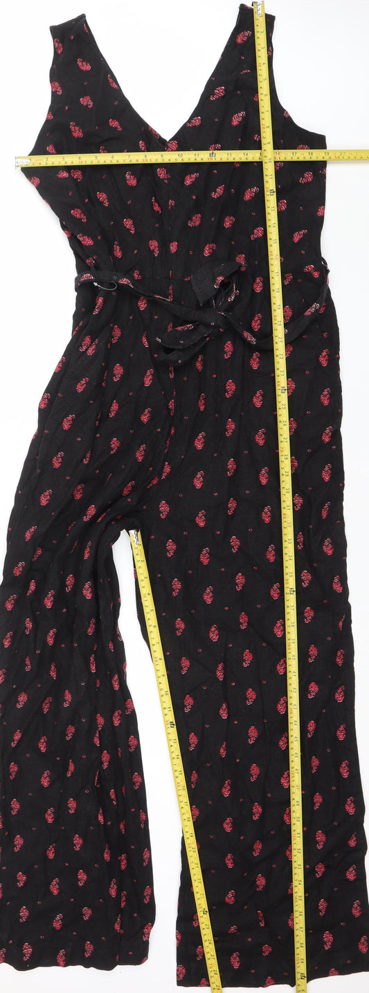Next Women Black Floral Linen Blend Wide-Leg Jumpsuit Size 18