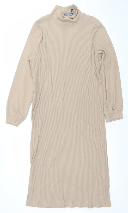 ASOS DESIGN Women Beige Size 10 Roll Neck Ribbed Bodycon Midi Dress