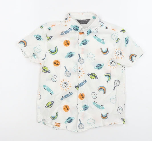 Primark Boys White Space Print Button-Up Short Sleeve Shirt 4-5 Years