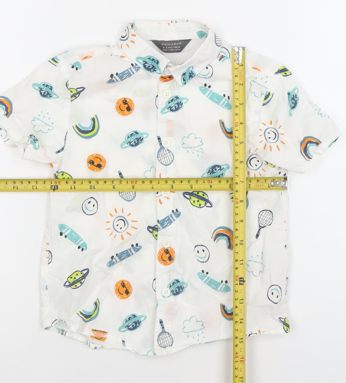 Primark Boys White Space Print Button-Up Short Sleeve Shirt 4-5 Years