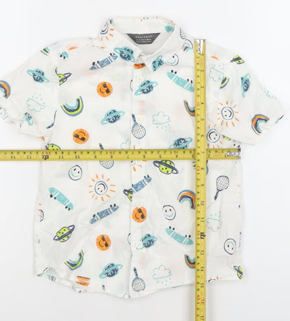 Primark Boys White Space Print Button-Up Short Sleeve Shirt 4-5 Years