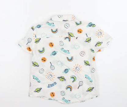 Primark Boys White Space Print Button-Up Short Sleeve Shirt 4-5 Years