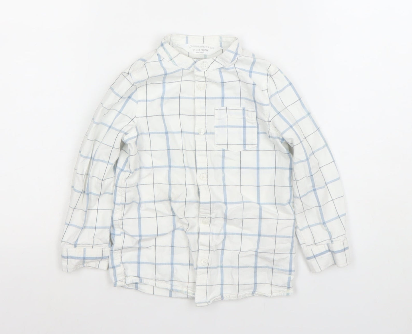 Primark Boys White Blue Check Long Sleeve Button-Up Shirt 2-3 Years 100% Cotton