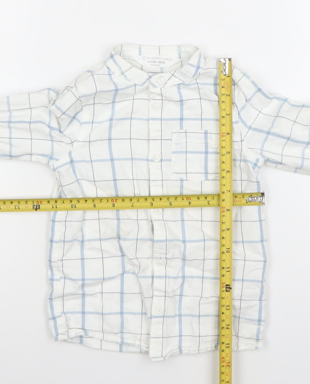 Primark Boys White Blue Check Long Sleeve Button-Up Shirt 2-3 Years 100% Cotton