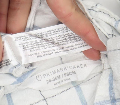 Primark Boys White Blue Check Long Sleeve Button-Up Shirt 2-3 Years 100% Cotton
