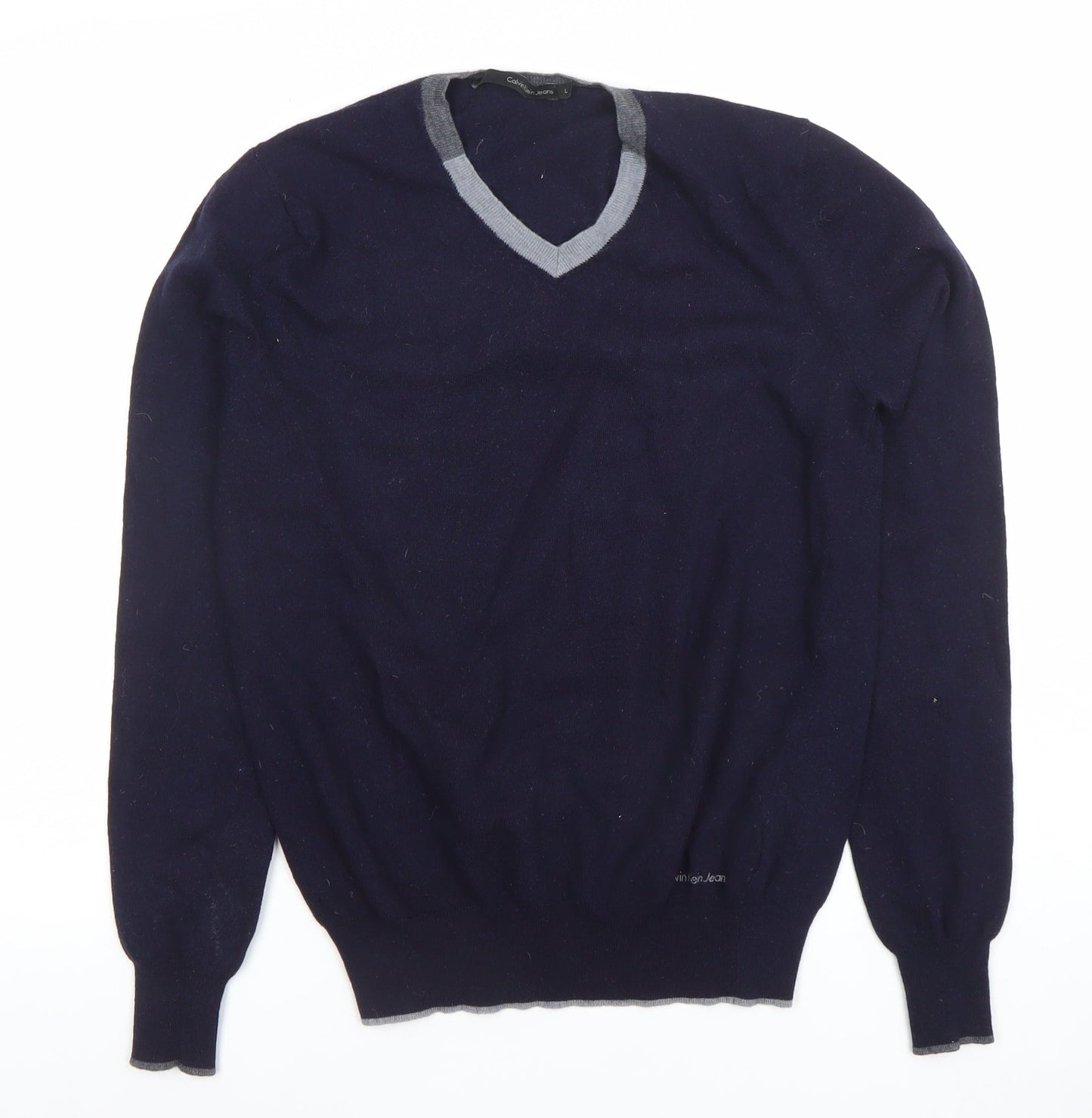 Calvin Klein Jeans Women's Blue Wool V-Neck Jumper Size L