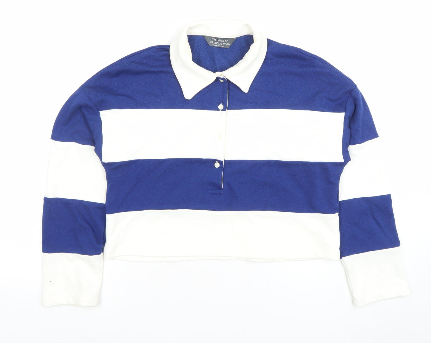 Primark Womens Blue White Striped Collared Cropped Long Sleeve Button-Up Top XS