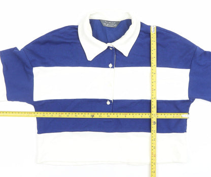 Primark Womens Blue White Striped Collared Cropped Long Sleeve Button-Up Top XS