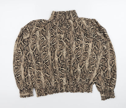 Cameo Rose Women’s Beige Animal Print Puff Sleeve High Neck Blouse Size L