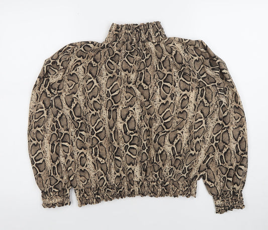 Cameo Rose Women’s Beige Animal Print Puff Sleeve High Neck Blouse Size L