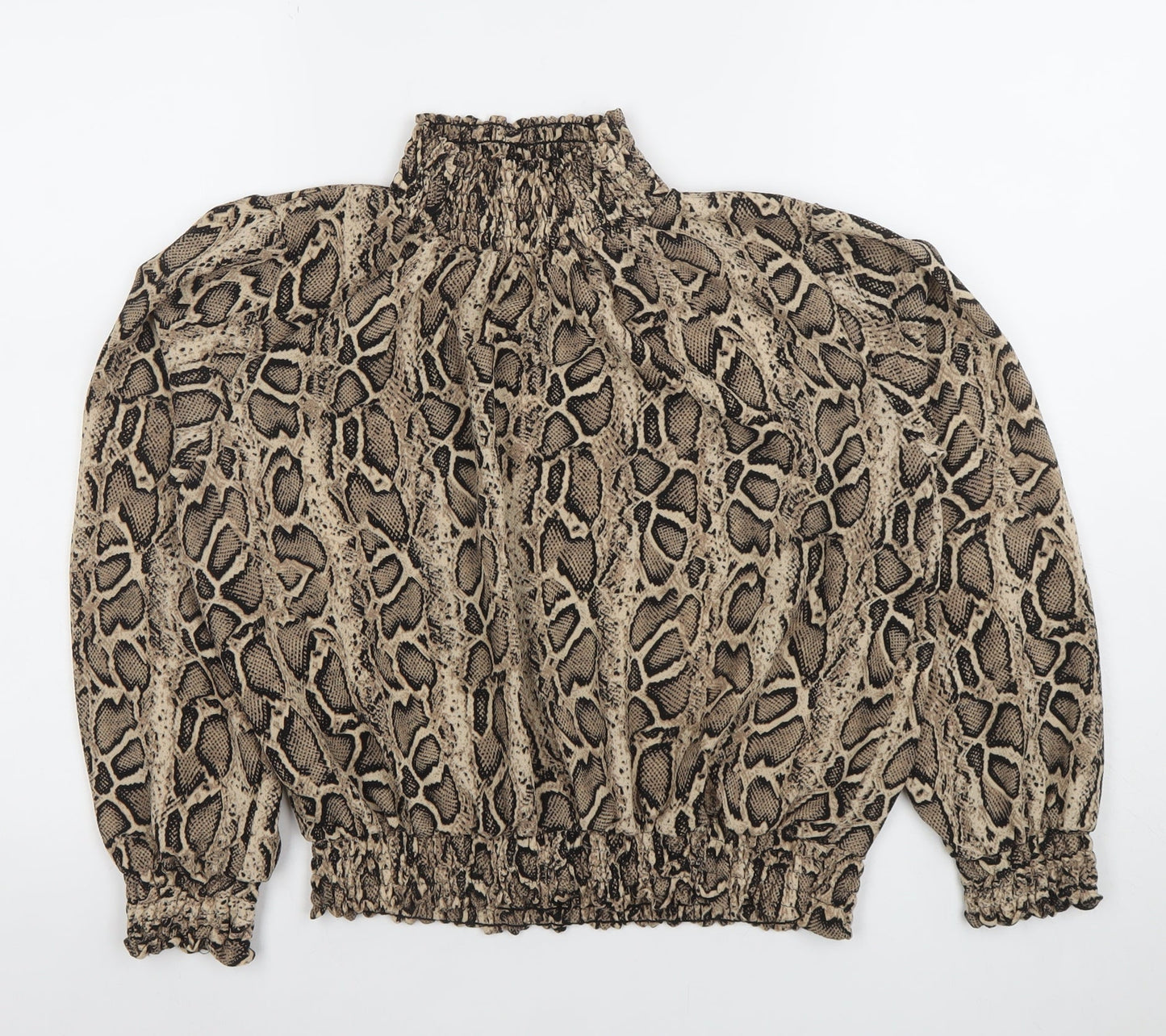 Cameo Rose Women’s Beige Animal Print Puff Sleeve High Neck Blouse Size L