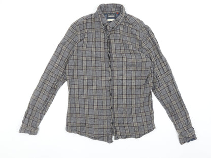 Blend Men's Grey Check Cotton Flannel Long Sleeve Shirt L