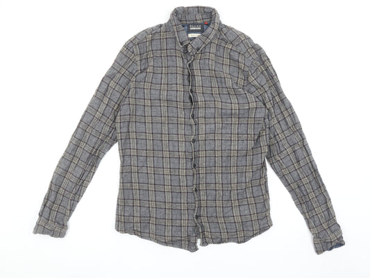 Blend Men's Grey Check Cotton Flannel Long Sleeve Shirt L