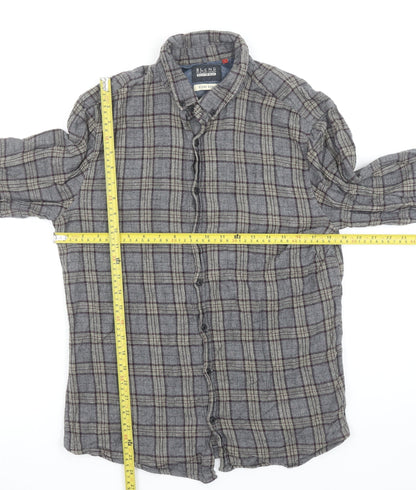 Blend Men's Grey Check Cotton Flannel Long Sleeve Shirt L