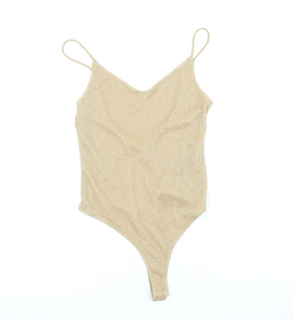 H&M Women Beige Glitter Bodysuit Size S Metallic Spaghetti Strap