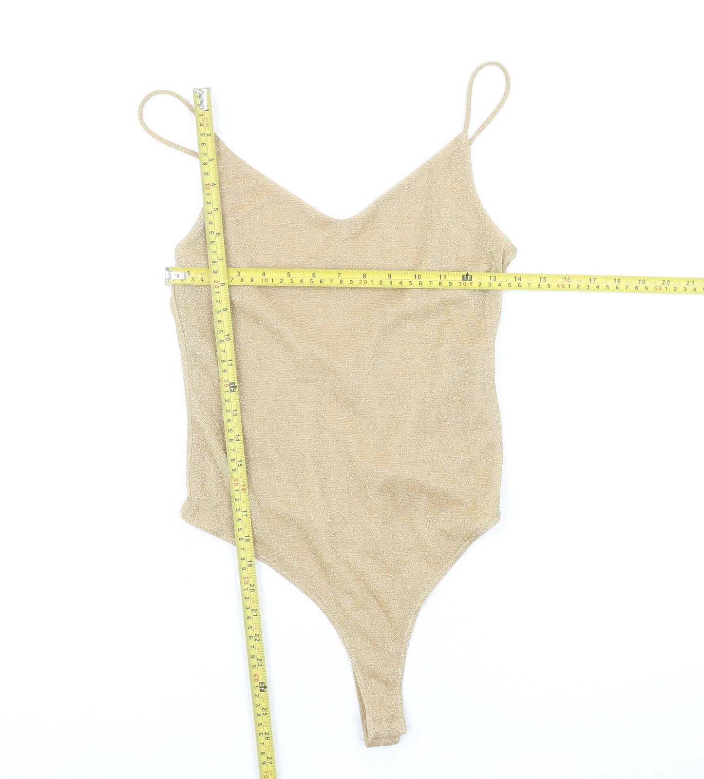 H&M Women Beige Glitter Bodysuit Size S Metallic Spaghetti Strap