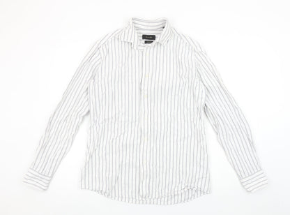Massimo Dutti Men's White Blue Striped Long Sleeve Cotton Shirt M