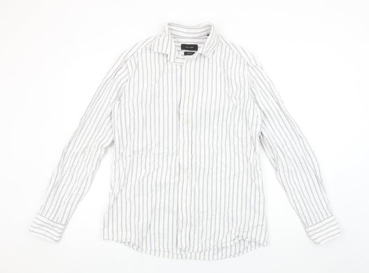Massimo Dutti Men's White Blue Striped Long Sleeve Cotton Shirt M