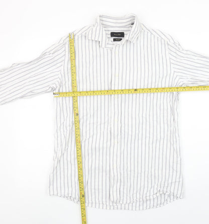 Massimo Dutti Men's White Blue Striped Long Sleeve Cotton Shirt M