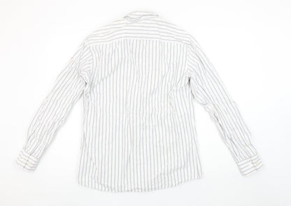 Massimo Dutti Men's White Blue Striped Long Sleeve Cotton Shirt M